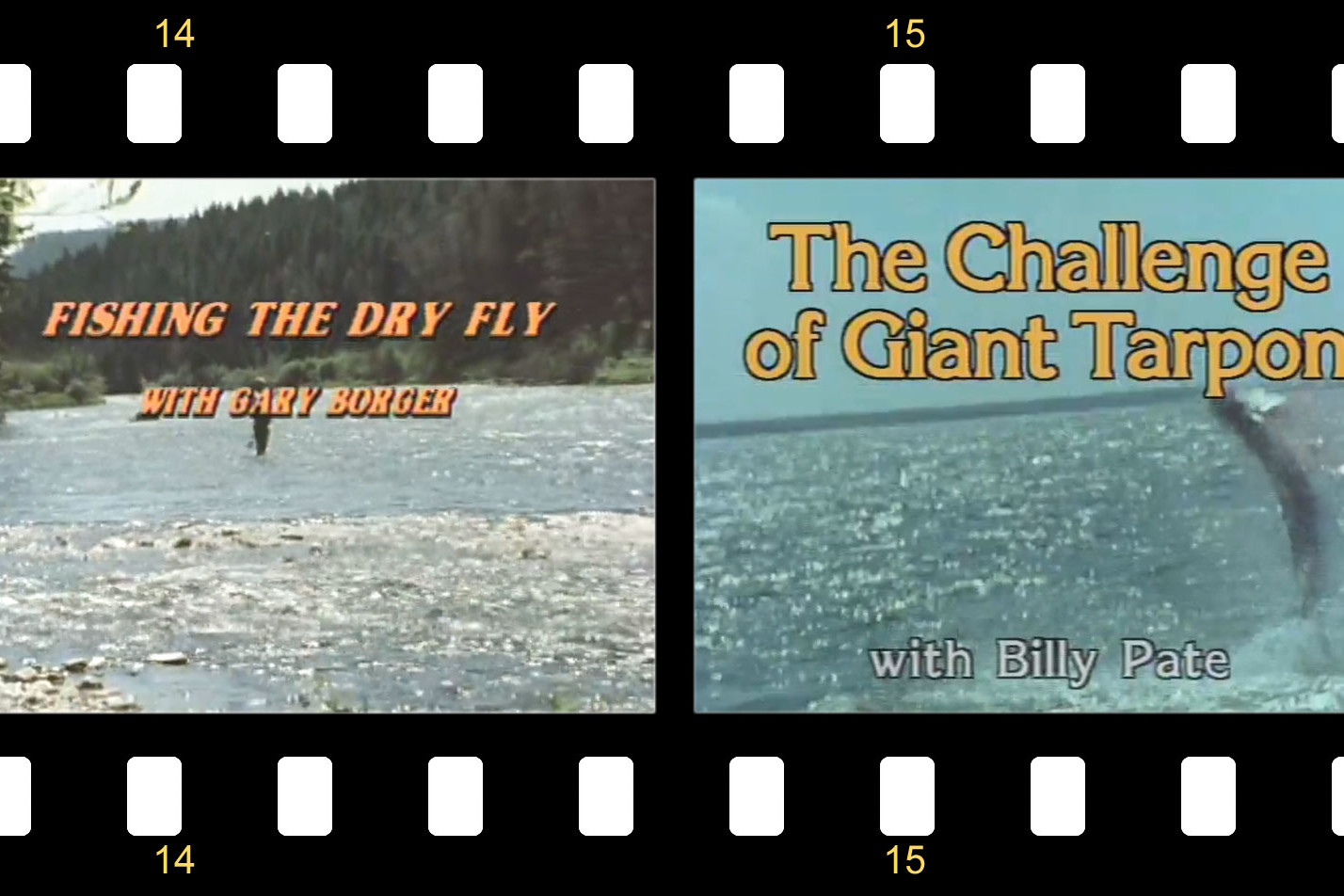 A film strip with the title screens of FIshing the Dry Fly with Gary Borger and The Challenge of Giant Tarpon with Billy Pate.