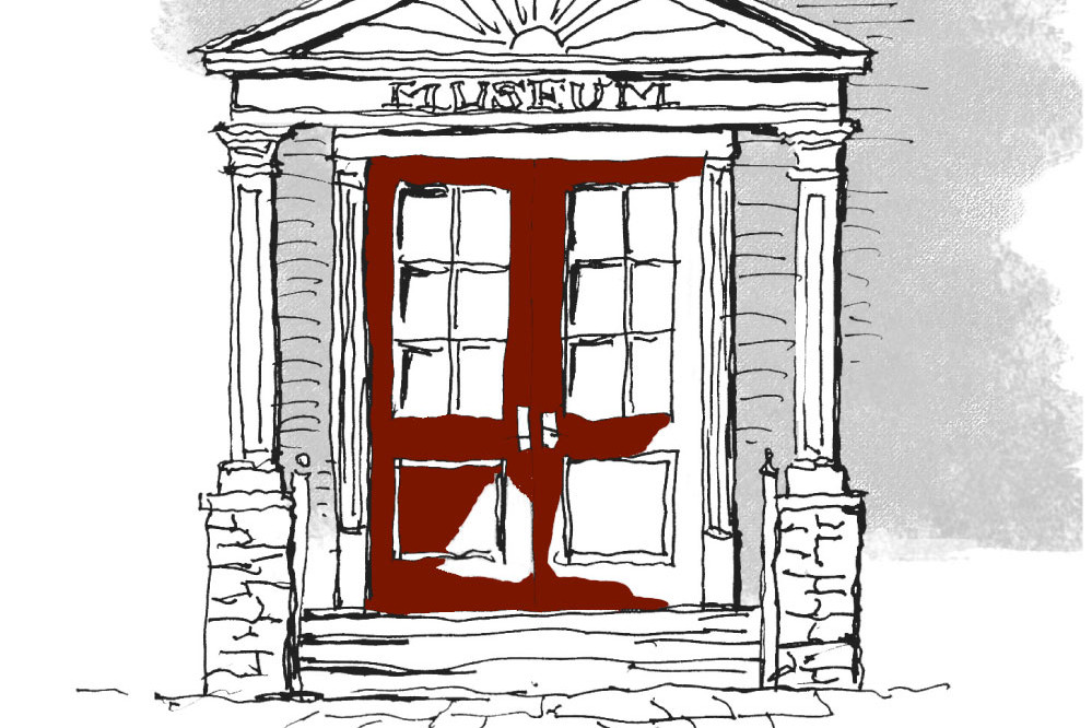 An illustration of the museum's red front door.
