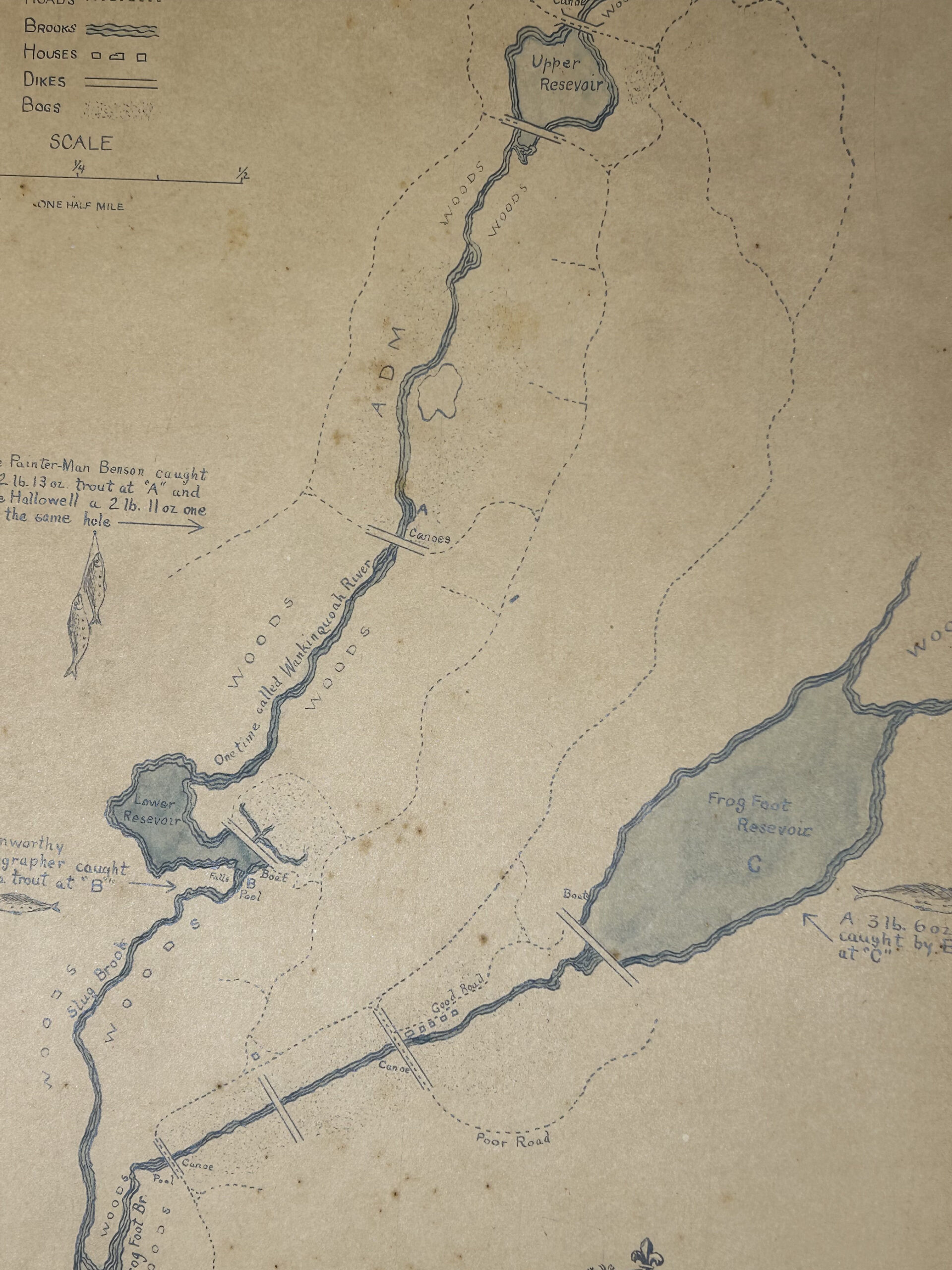 A hand-drawn map depicts waterways and a trio of reservoirs. Additional illustrations indicate where notable fish were caught.