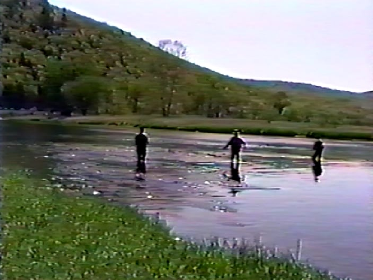 A video screenshot of three anglers standing in a shallow stream.